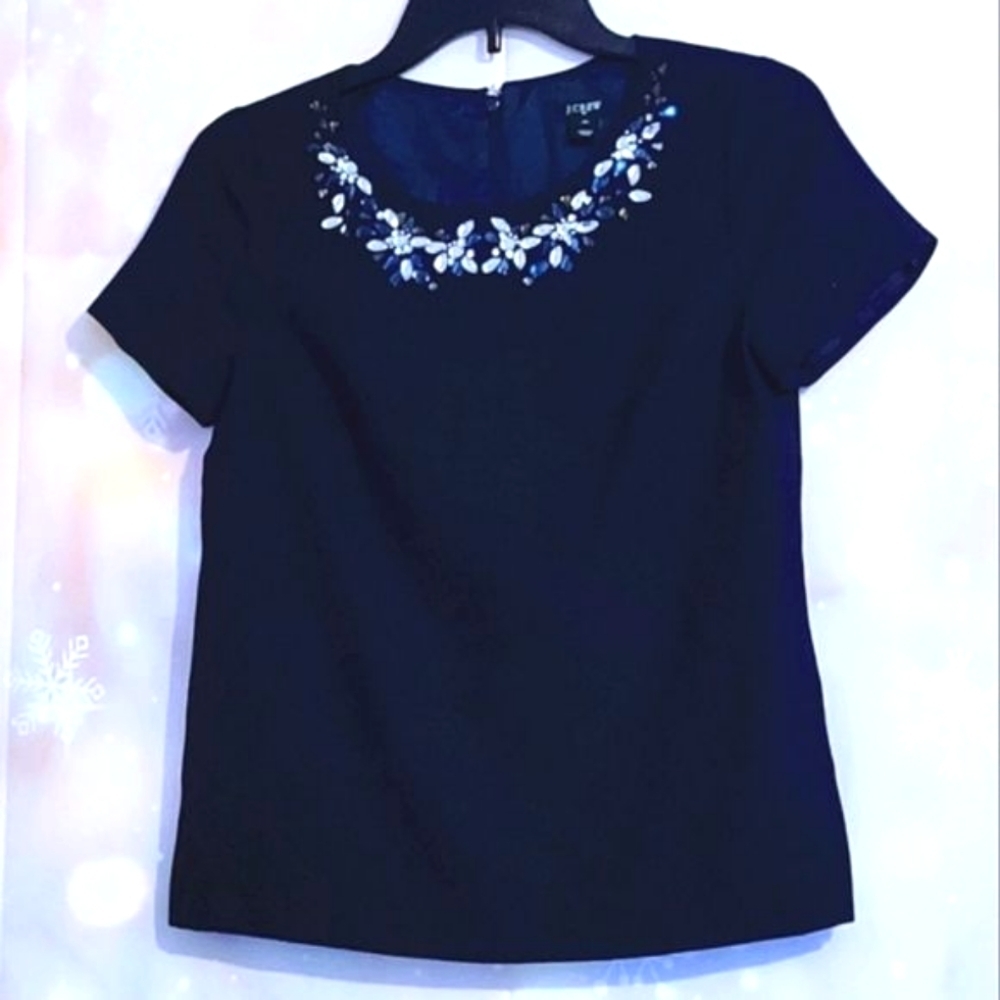 J. CREW VINTAGE BEJEWELED NECKLINE NAVY BLUE BLOUSE WOMEN'S SIZE 00